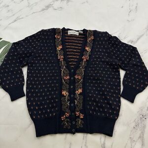 Evan Picone Womens Vintage 90s Cardigan Sweater Size S Blue Red Floral Cottage